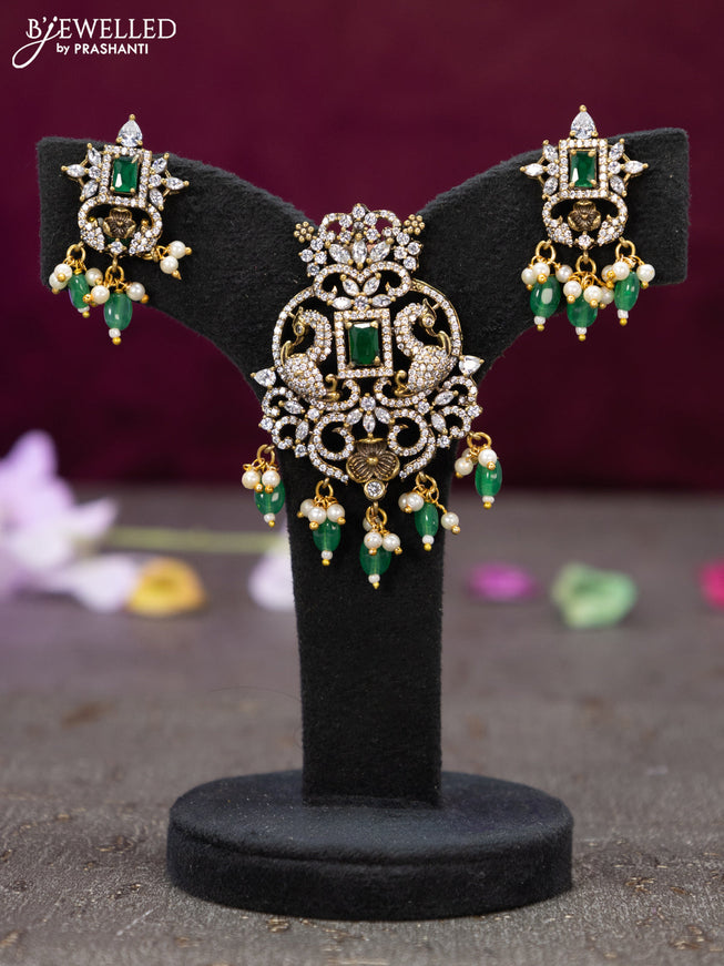 Victorian finish pendant set peacock design with emerald & cz stones and beads hanging