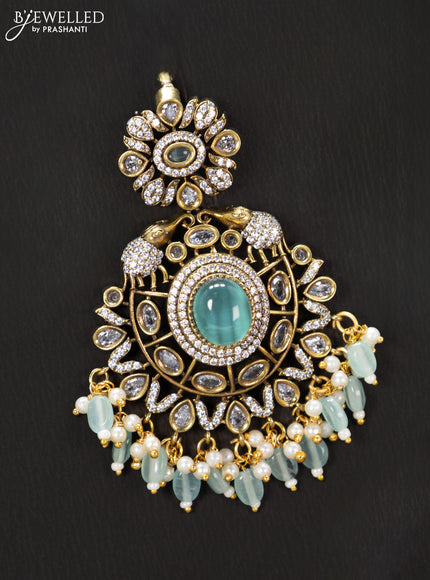 Victorian finish pendant set with mint green & cz stones and beads hanging