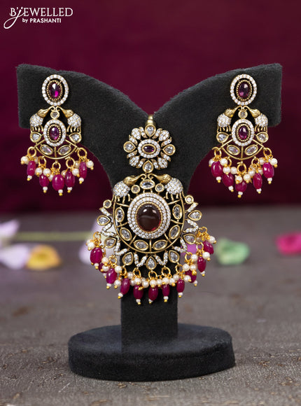 Victorian finish pendant set with ruby & cz stones and beads hanging