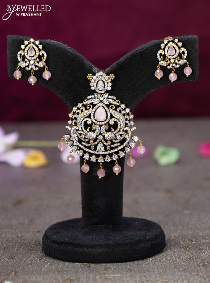 Victorian finish pendant set peacock design with baby pink & cz stones and beads hanging