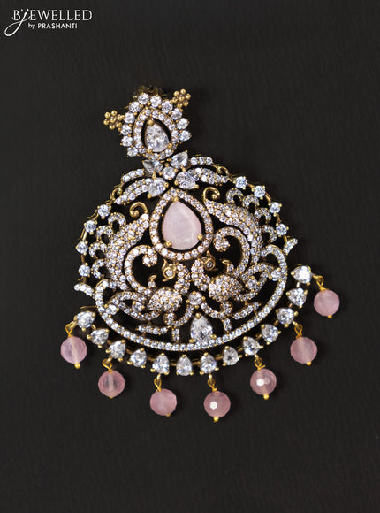 Victorian finish pendant set peacock design with baby pink & cz stones and beads hanging