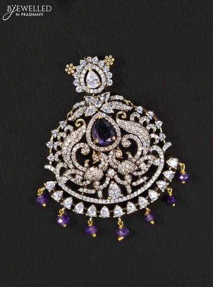 Victorian finish pendant set peacock design with violet & cz stones and beads hanging