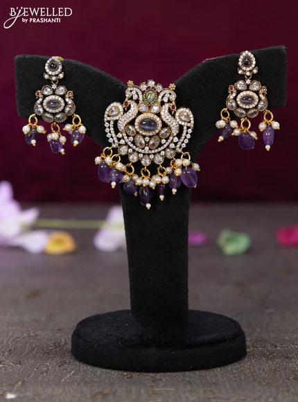 Victorian finish pendant set peacock design with violet & cz stones and beads hanging