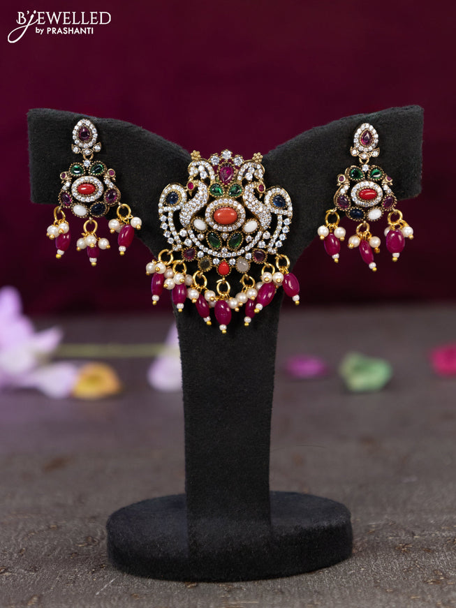 Victorian finish pendant set peacock design with multicolour & cz stones and beads hanging