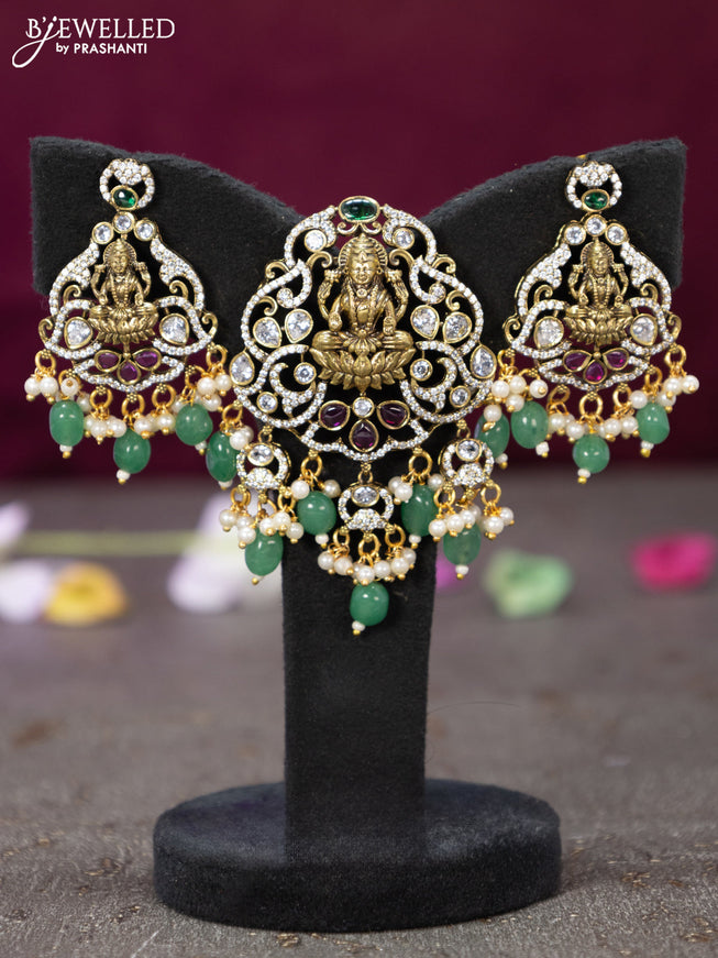 Victorian finish pendant set lakshmi design with kemp & cz stones and beads hanging