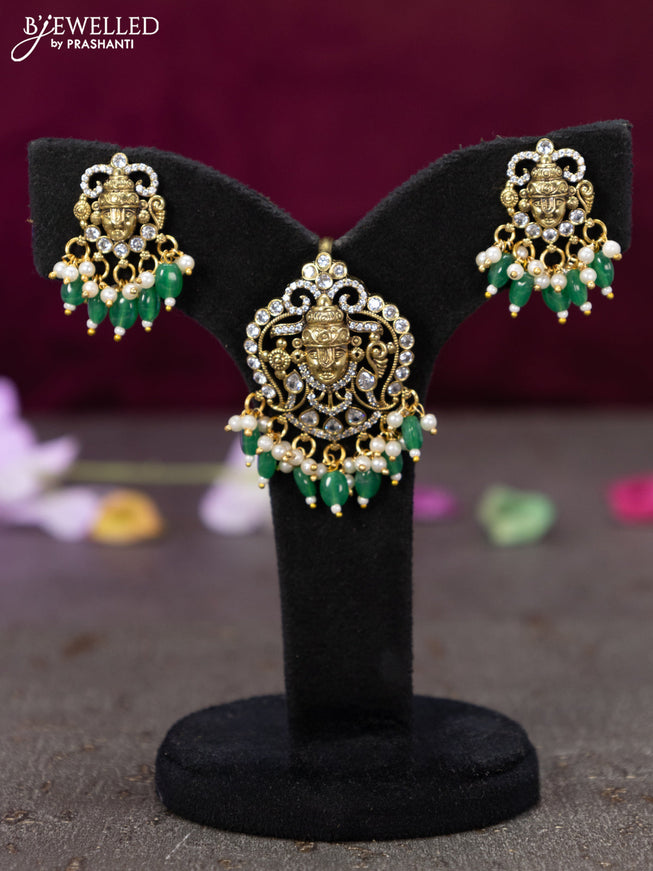 Victorian finish pendant set tirupati balaji design with cz stones and green beads hanging