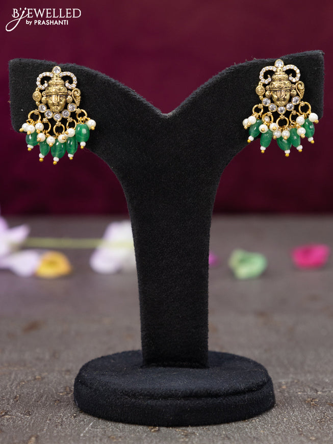 Victorian finish pendant set tirupati balaji design with cz stones and green beads hanging