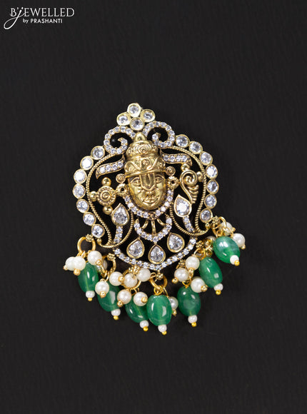 Victorian finish pendant set tirupati balaji design with cz stones and green beads hanging