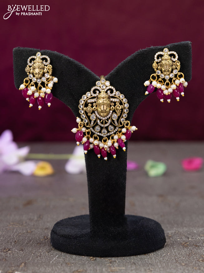 Victorian finish pendant set tirupati balaji design with cz stones and pink beads hanging