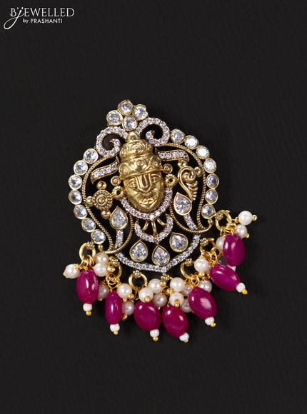 Victorian finish pendant set tirupati balaji design with cz stones and pink beads hanging