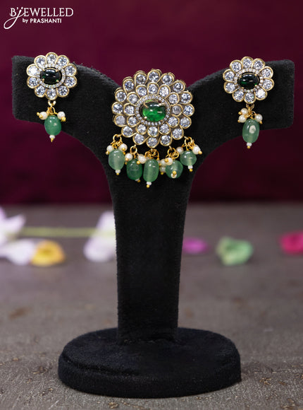 Victorian finish pendant set floral design with emerald & cz stones and beads hanging