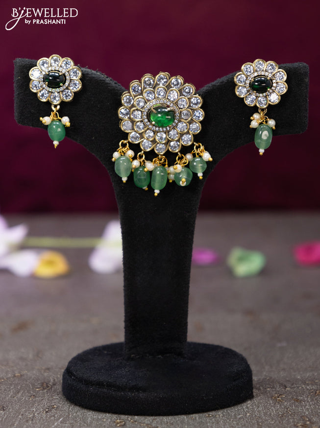 Victorian finish pendant set floral design with emerald & cz stones and beads hanging