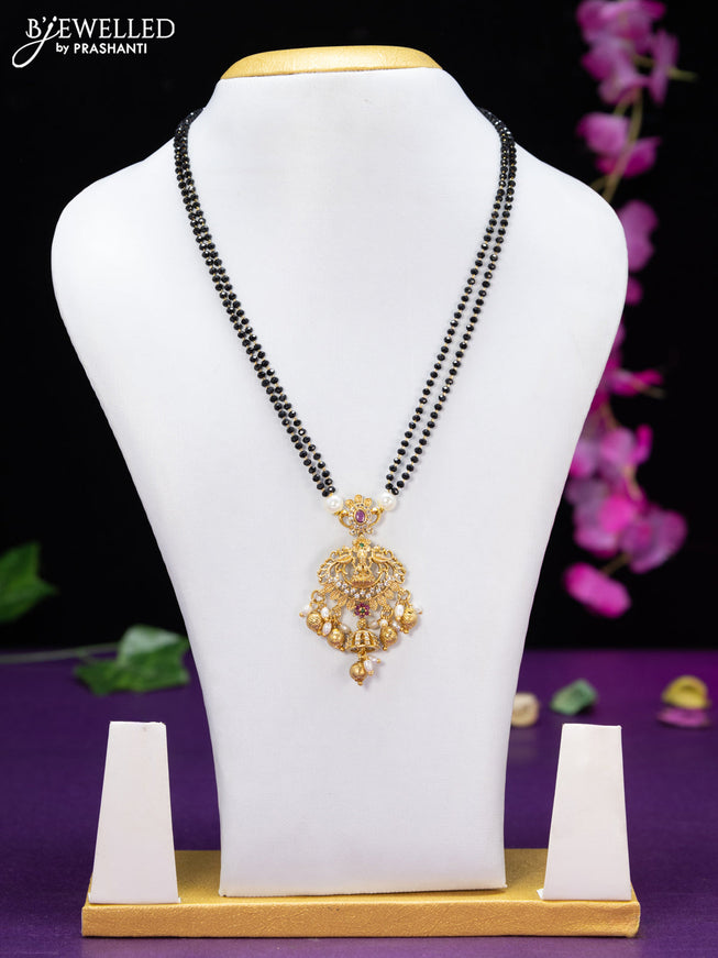 Mangalsutra double layer lakshmi design with kemp & cz stones and golden beads hangings without earring