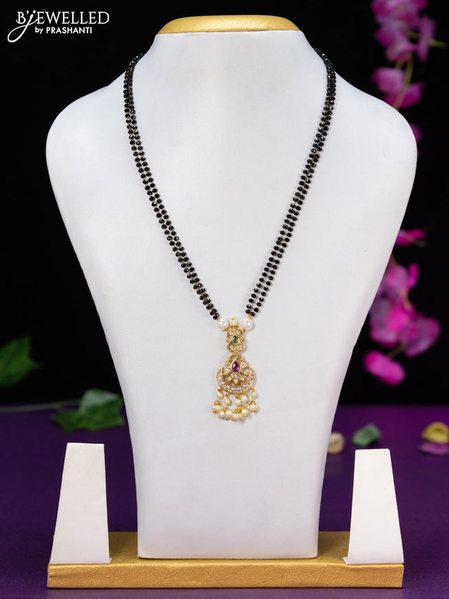 Mangalsutra double layer chandbali design with kemp & cz stones and pearl hangings without earring