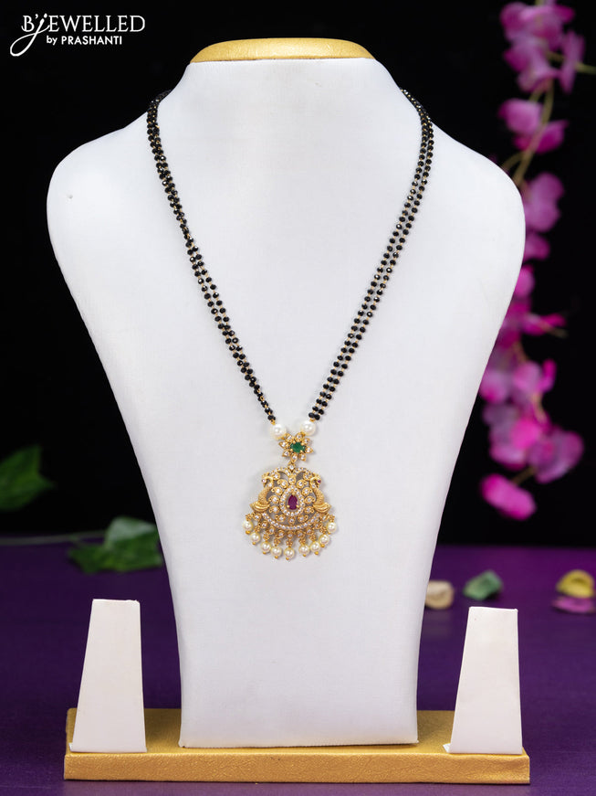 Mangalsutra double layer peacock design with kemp & cz stones and pearl hangings without earring