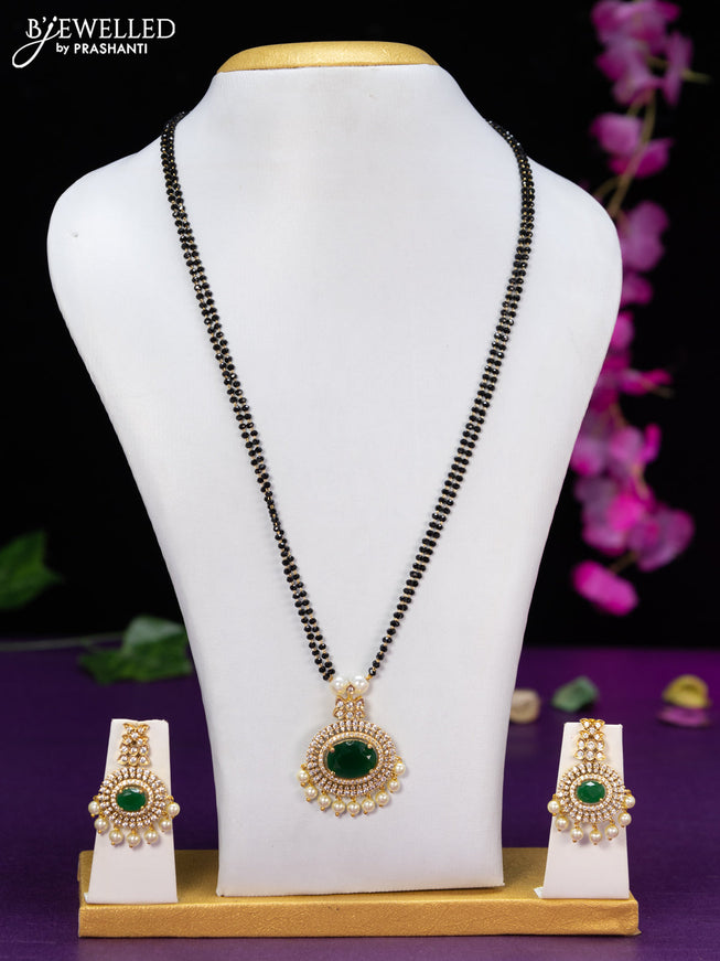 Mangalsutra double layer with emerald & cz stones and pearl hangings