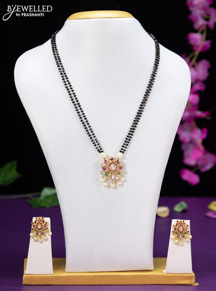 Mangalsutra double layer lotus design with kemp & cz stones and pearl hangings