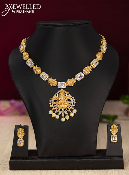 Antique necklace lakshmi design with cz stones and pearl hangings