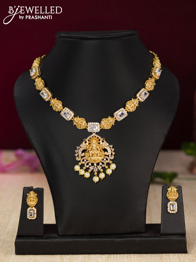 Antique necklace lakshmi design with cz stones and pearl hangings