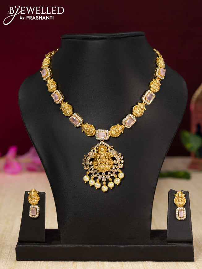 Antique necklace lakshmi design with baby pink & cz stones and pearl hangings