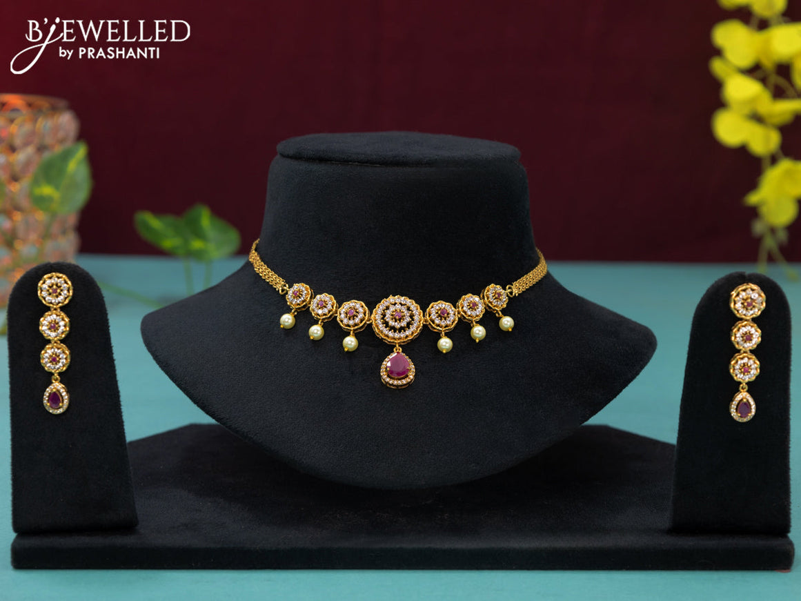 Antique choker with ruby & cz stones and pearl hangings