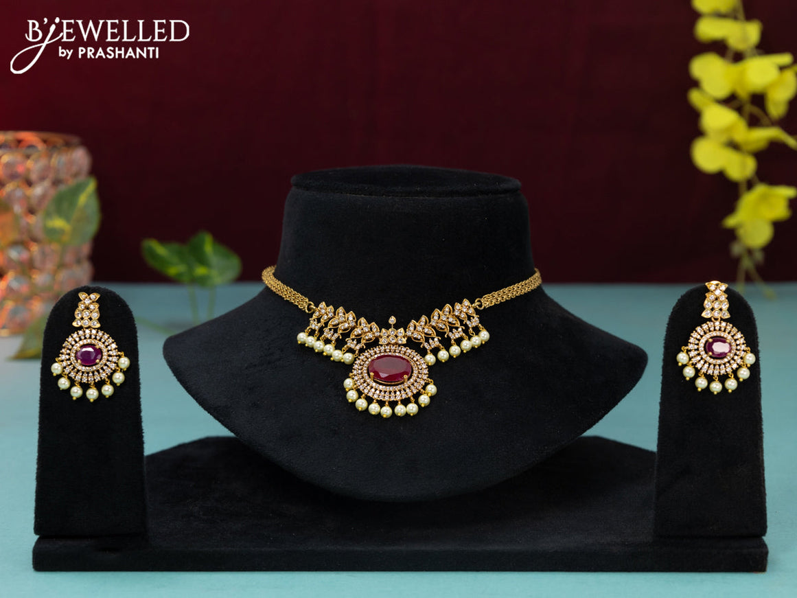 Antique choker with ruby & cz stones and pearl hangings