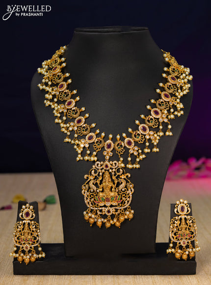 Antique guttapusalu necklace lakshmi design with kemp & cz stones and pearl hangings