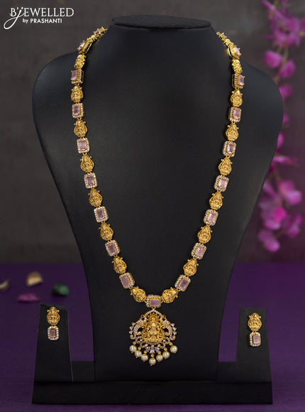 Antique haaram lakshmi design with baby pink & cz stones and pearl hangings