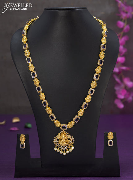 Antique haaram lakshmi design with violet & cz stones and pearl hangings