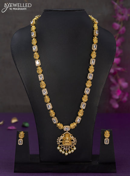 Antique haaram lakshmi design with cz stones and pearl hangings