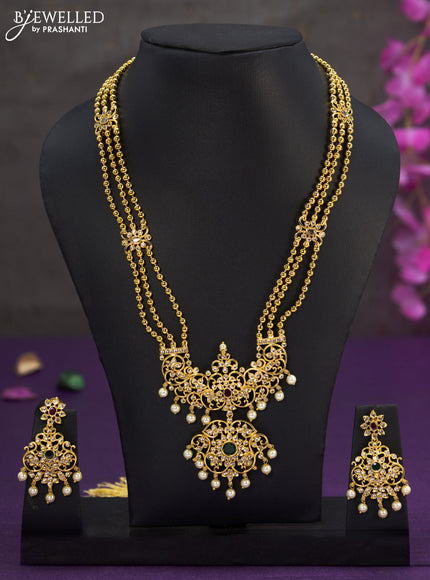 Antique haaram with emerald & cz stones and pearl hangings