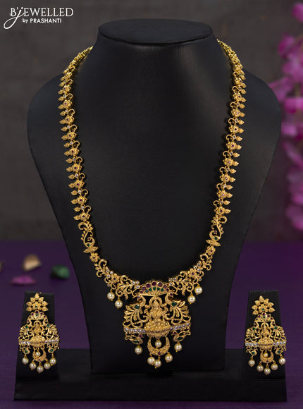 Antique haaram lakshmi design with kemp & cz stones and pearl hangings