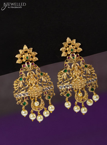 Antique haaram lakshmi design with kemp & cz stones and pearl hangings