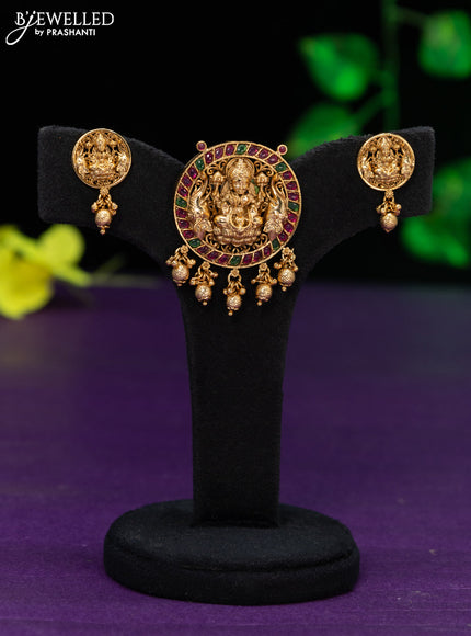 Antique pendant set lakshmi design with kemp stones and golden beads hangings