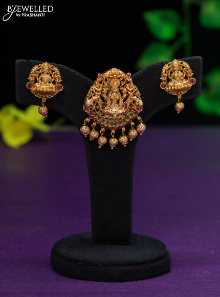 Antique pendant set lakshmi design with kemp stones and golden beads hangings