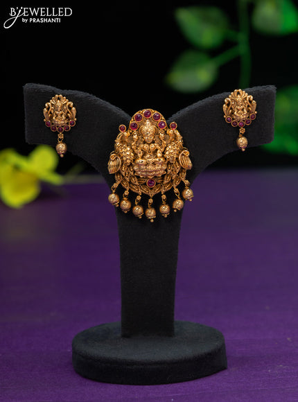 Antique pendant set lakshmi design with ruby stones and golden beads hangings