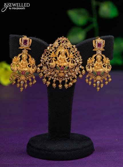 Antique pendant set lakshmi design with kemp & cz stones and golden beads hangings