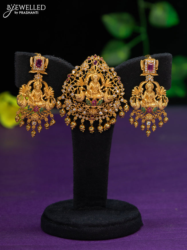 Antique pendant set lakshmi design with kemp & cz stones and golden beads hangings