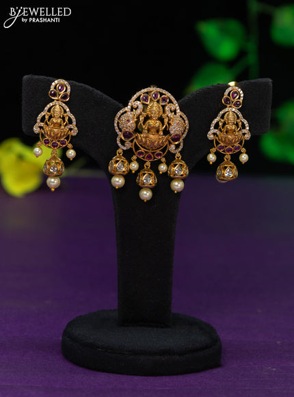 Antique pendant set lakshmi design with ruby & cz stones and pearl hangings