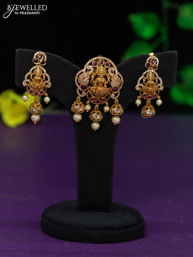 Antique pendant set lakshmi design with ruby & cz stones and pearl hangings