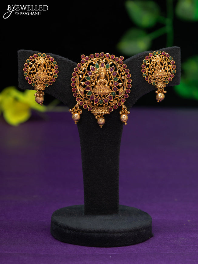 Antique pendant set lakshmi design with kemp stones and golden beads hangings