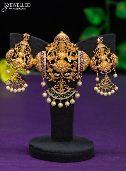 Antique pendant set lakshmi design with kemp & cz stones and pearl hangings