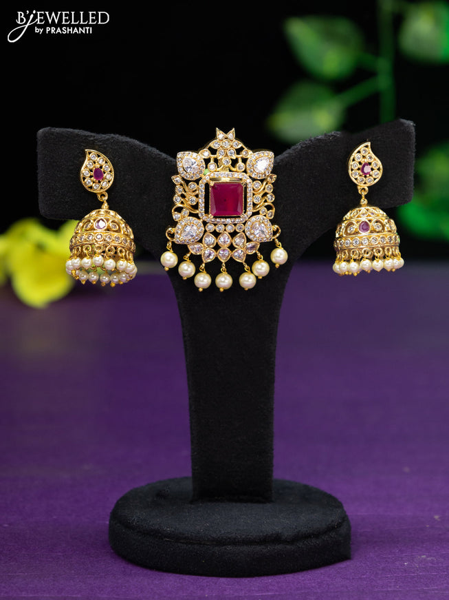 Antique pendant set with ruby & cz stones and pearl hangings