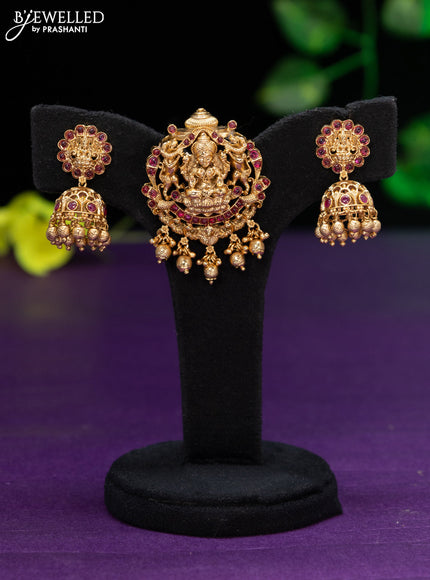 Antique pendant set lakshmi design with ruby stones and golden beads hangings