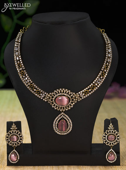 Necklace with baby pink and cz stones in victorian finish