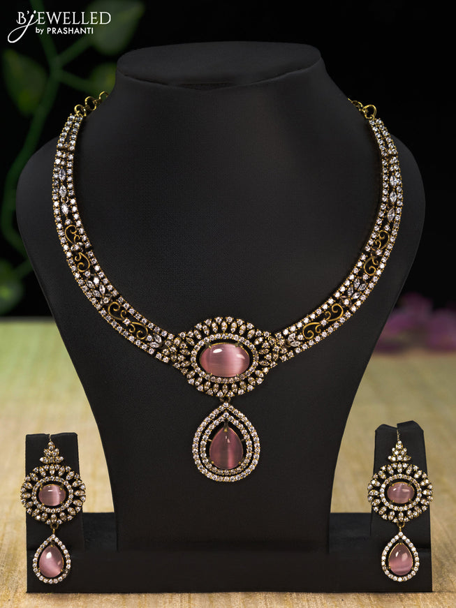 Necklace with baby pink and cz stones in victorian finish