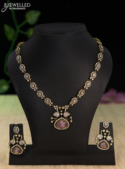 Necklace with baby pink and cz stones in victorian finish