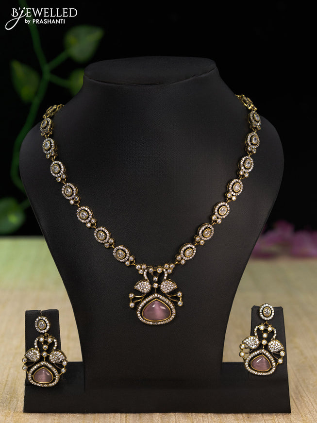 Necklace with baby pink and cz stones in victorian finish