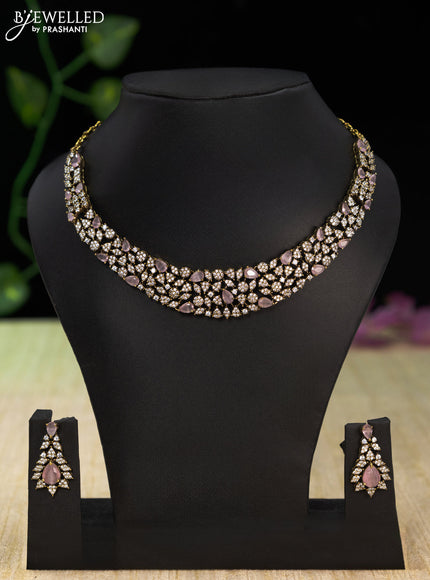 Necklace with baby pink and cz stones in victorian finish