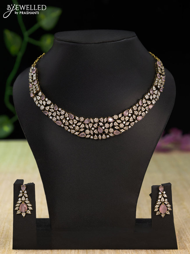 Necklace with baby pink and cz stones in victorian finish